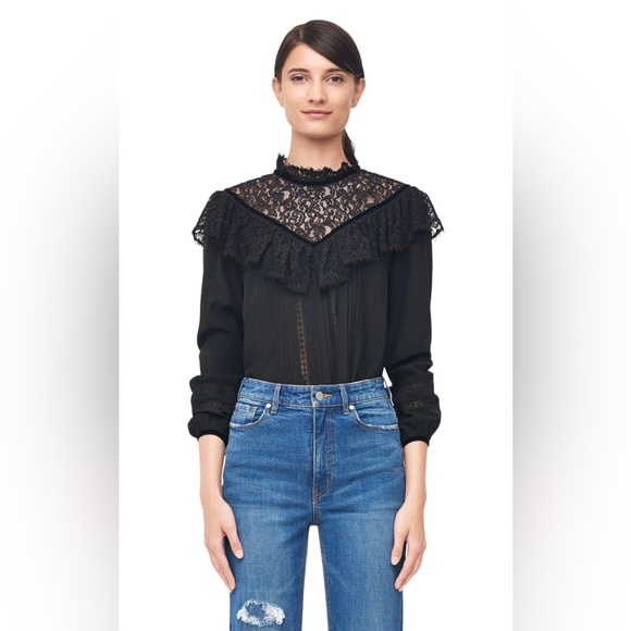 Rebecca Taylor Black Silk & Lace Top With Velvet Trim Size 2 - Picture 6 of 15